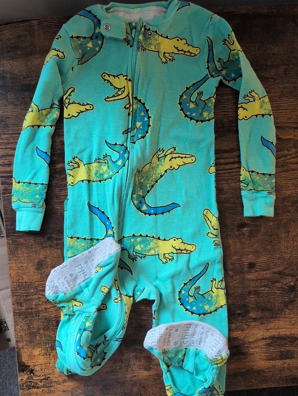 5/$25 Carter's Teal Footed One-Piece Footie with Yellow Crocodile Print 3T
